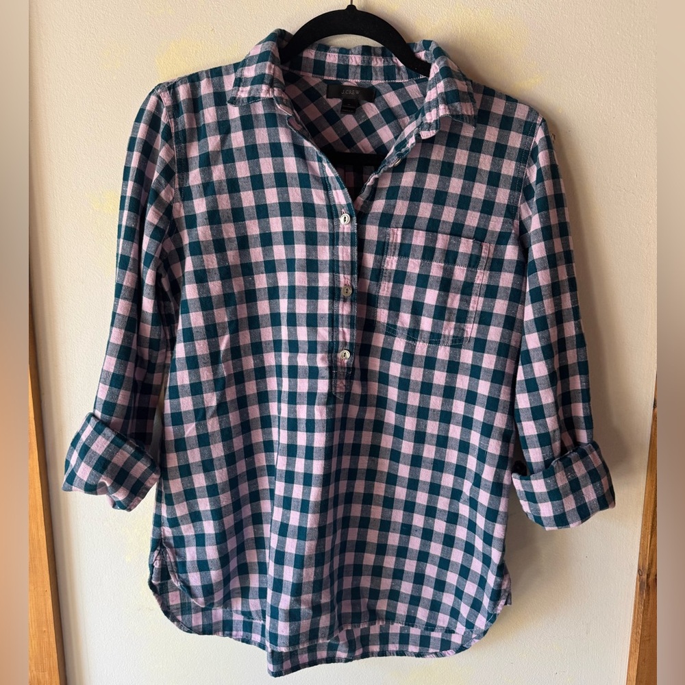 J.Crew Pink Check Gingham Popover Button Top Size 0